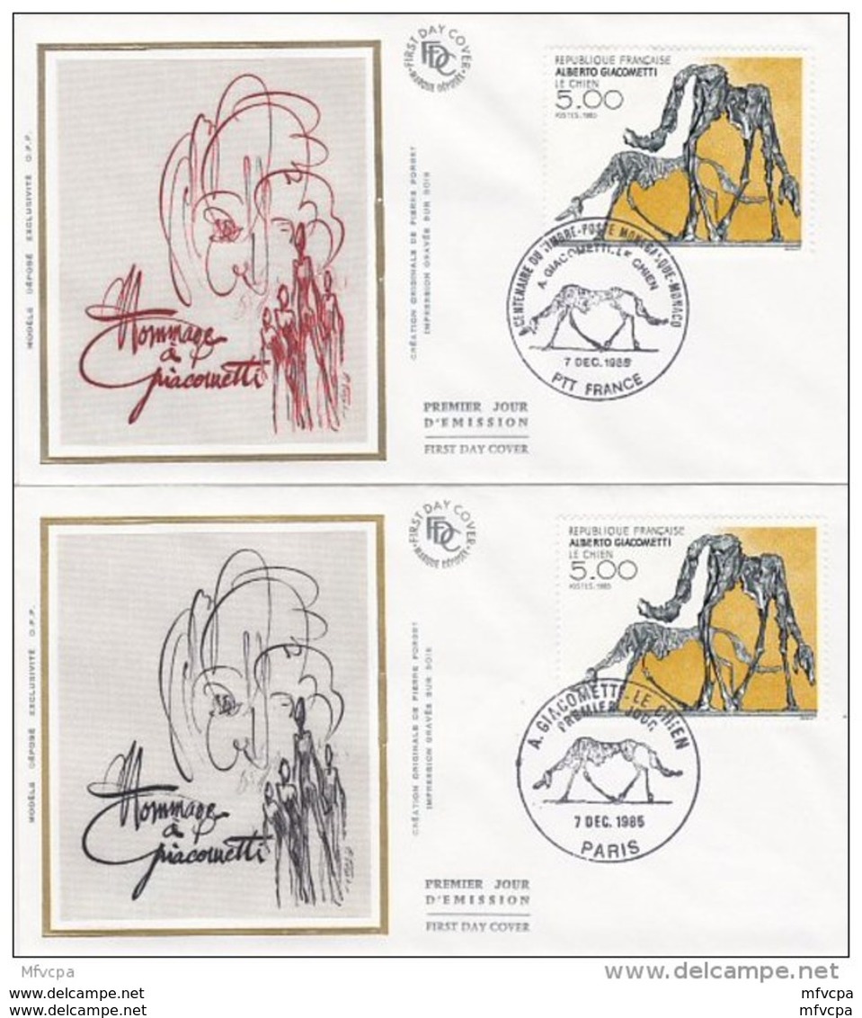 L4R092 FRANCE 1985 FDC  Giacometti Le Chien 5,00 Paris  PTT 23 11 1985/  2 Envel.  Illus. - 1980-1989