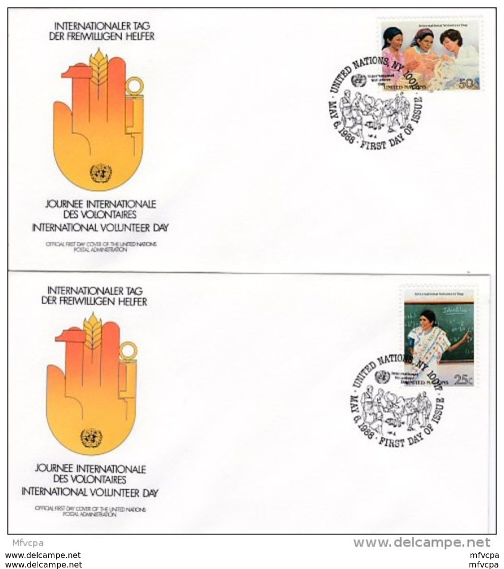 L4S025 NATIONS UNIES 1988 N Y FDC International Volunteer Day 25c 50c 06 05 1988 /2 Envel.  Illus. - FDC