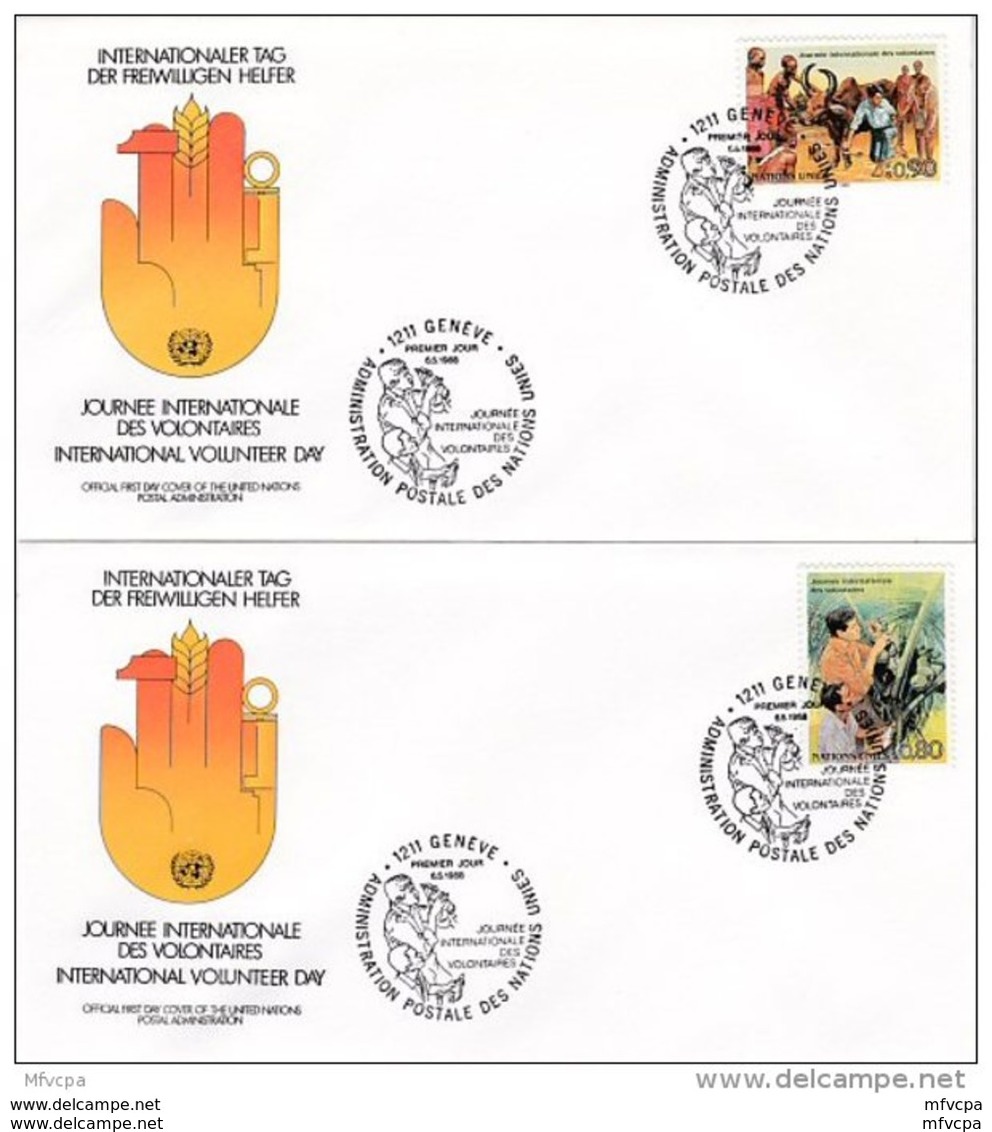 L4S028 NATIONS UNIES 1988  Geneve FDC Journée Internationale Des Volontaires 0,80, 090Fs 06 05  1988 / 2 Envel.  Illus. - FDC