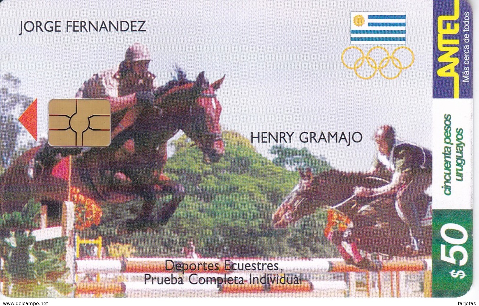 Nº 140 TARJETA DE URUGUAY DE HIPICA DE 50$ CABALLO-HORSE (CHIP G5 ROJO) - Uruguay