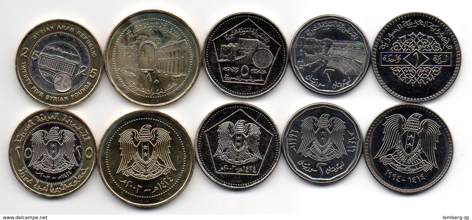 Syria - Set 5 Coins 1 2 5 10 25 Pounds 1993 - 2003 UNC Lemberg-Zp - Siria