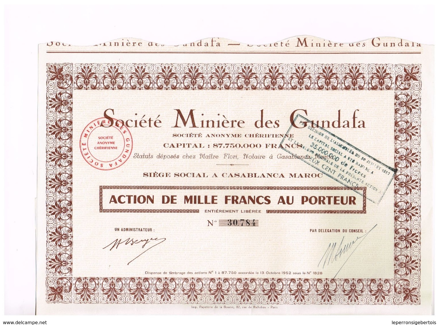 Action Ancienne - Société Minière Des Gundafa - Maroc - Titre De 1952 - Mines