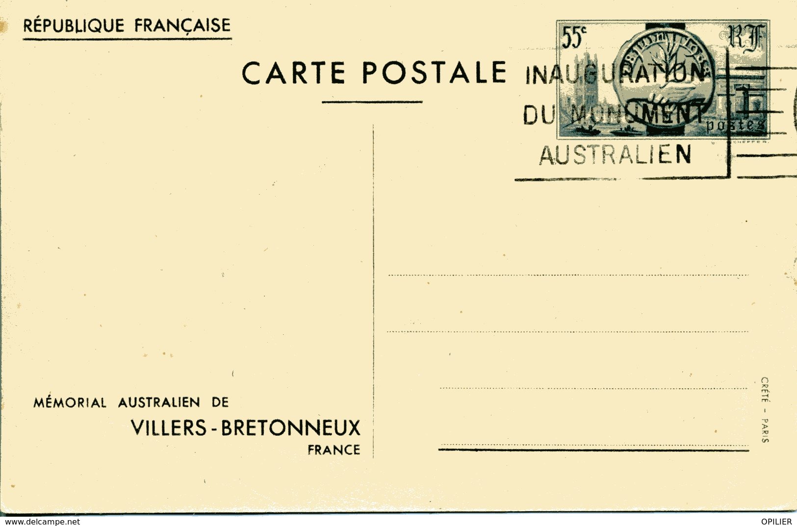 MEMORAIL AUSTRALIEN DE VILLERS BRETONNEUX Timbre Entente Cordiale Guerre 14 - Cartoline Postali E Su Commissione Privata TSC (ante 1995)