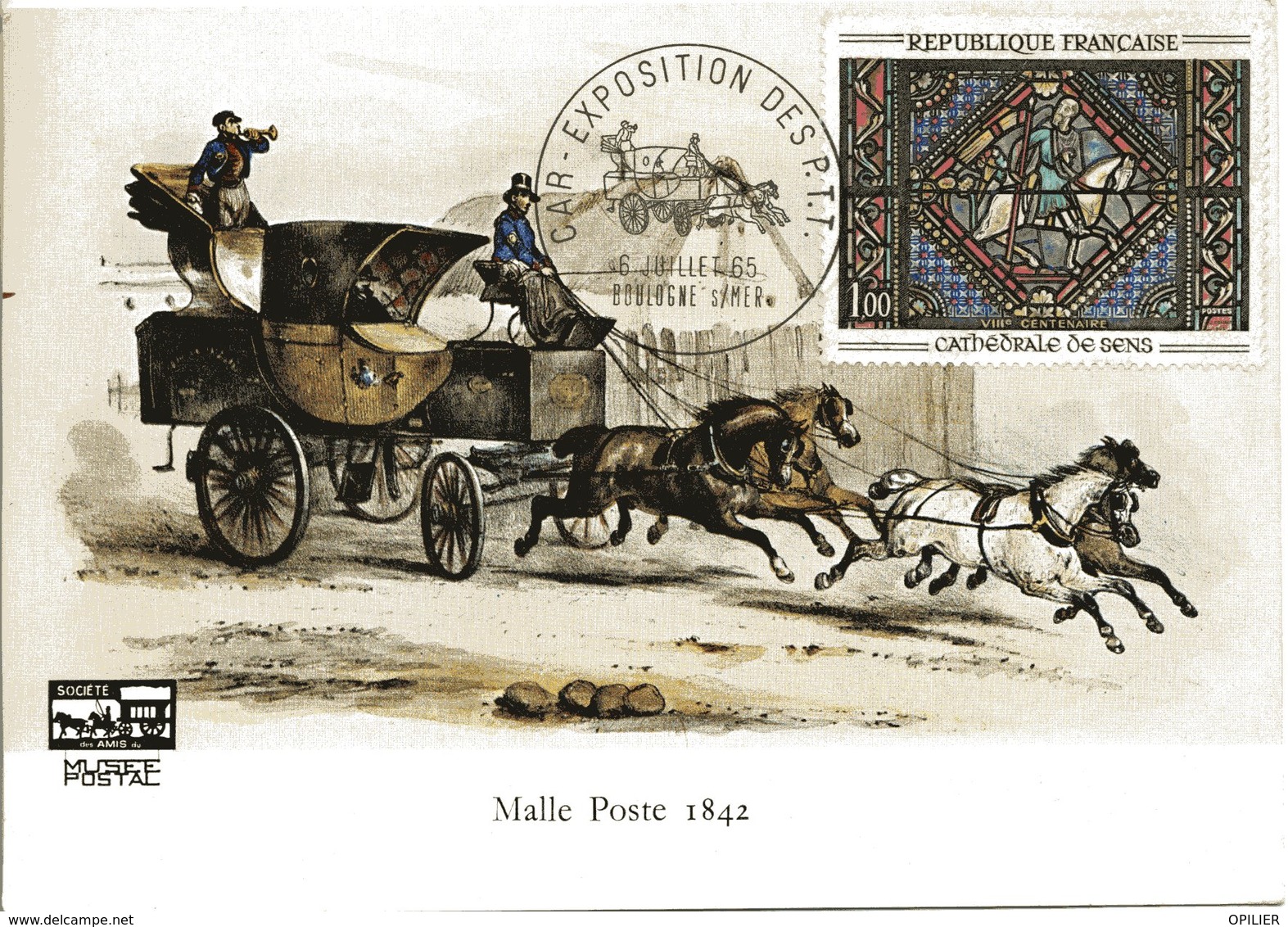 CAR EXPOSITION DES P.T.T. 1965 BOULOGNE SUR MER Malle Poste Voiture Chevaux Sur Carte Postale - Bolli Manuali