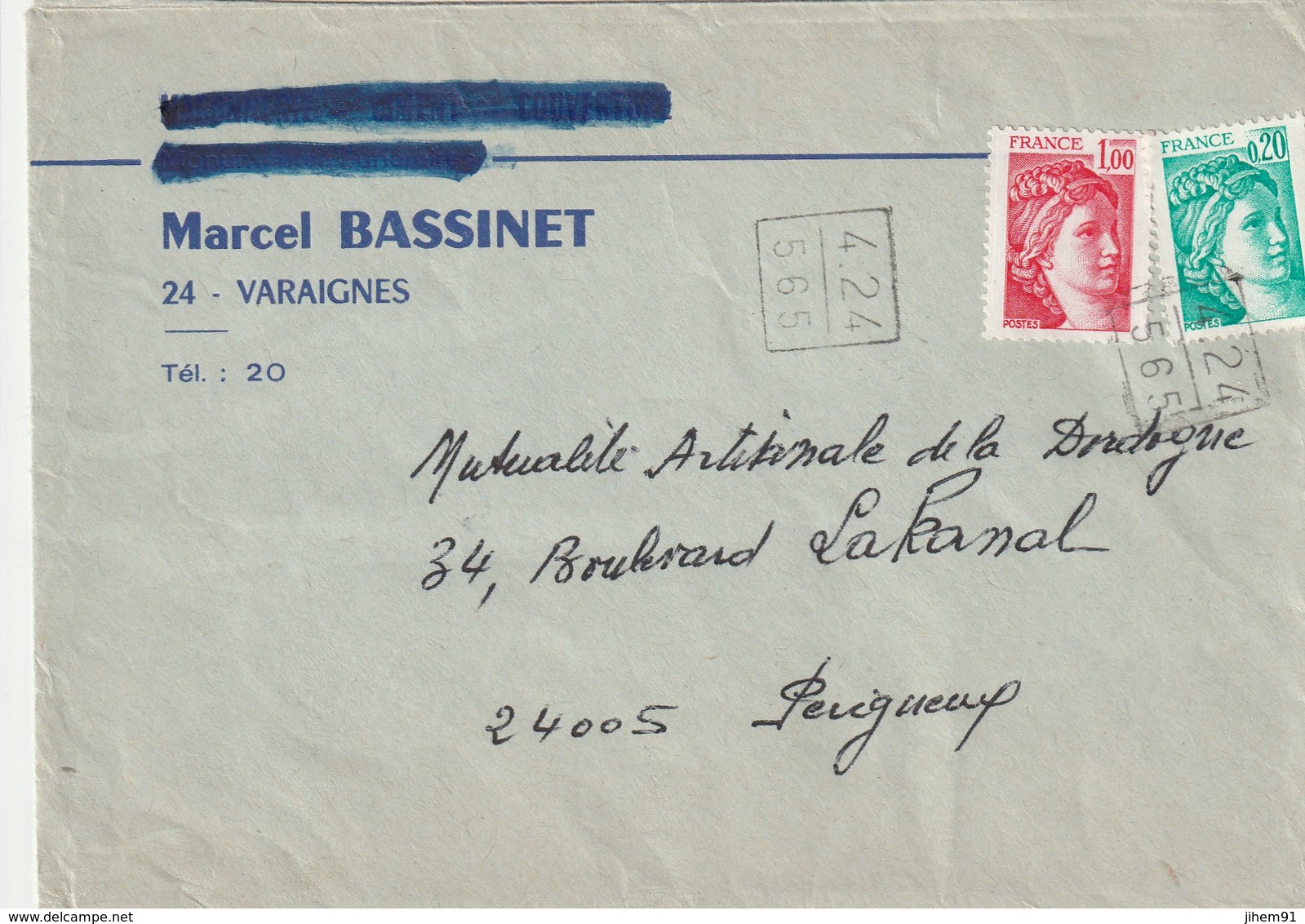 Env. De "Varaignes, 24 - Dordogne" Avec Cachet Du Poste Comptable De Varaignes Appliqué Par Erreur Sur YT 1972 Et 1967 ! - Handstempel