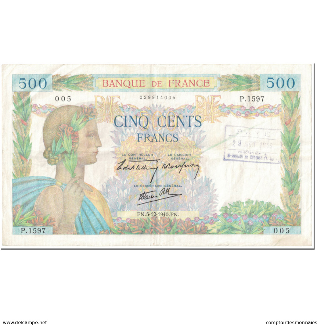 France, 500 Francs, La Paix, 1940, 1940-12-05, ANNULÉ, TTB, Fayette:32.10 - 500 F 1940-1944 ''La Paix''