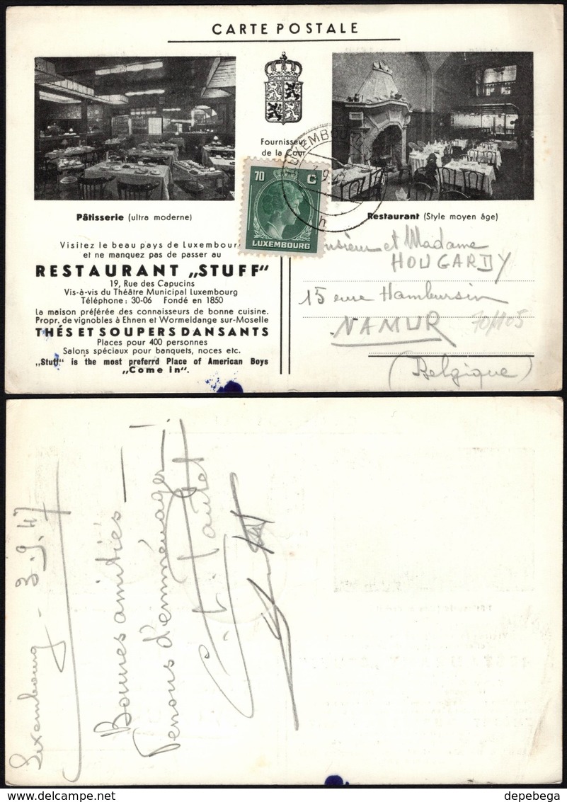 Luxemburg - Advertising Postcard, RESTAURANT 'STUFF' - LUXEMBURG, 3.9.1947. MiNr. 357 EF. - Storia Postale