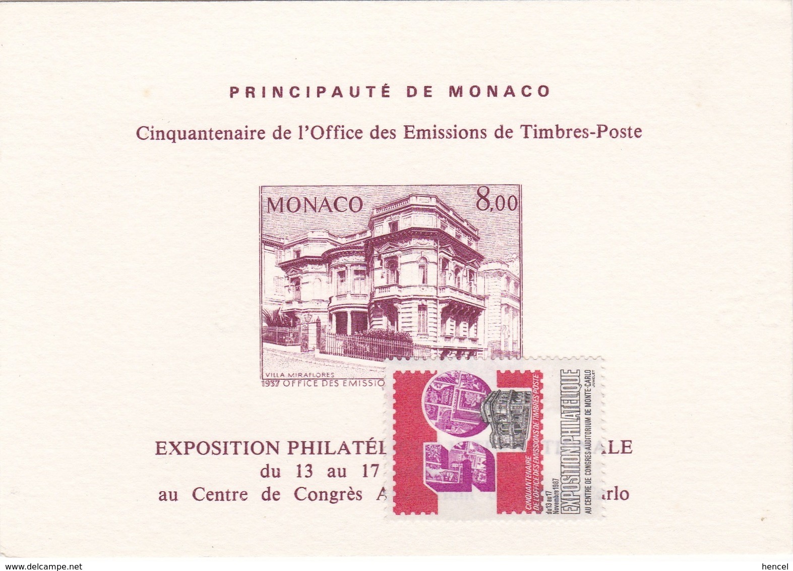 MONACO. Exposition Philatélique Du 13 Au 17 Novembre 1987 - Colecciones & Lotes