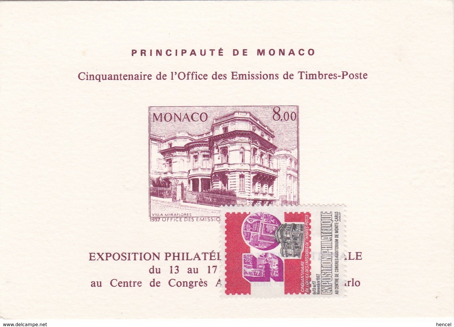 MONACO. Exposition Philatélique Du 13 Au 17 Novembre 1987 - Collezioni & Lotti