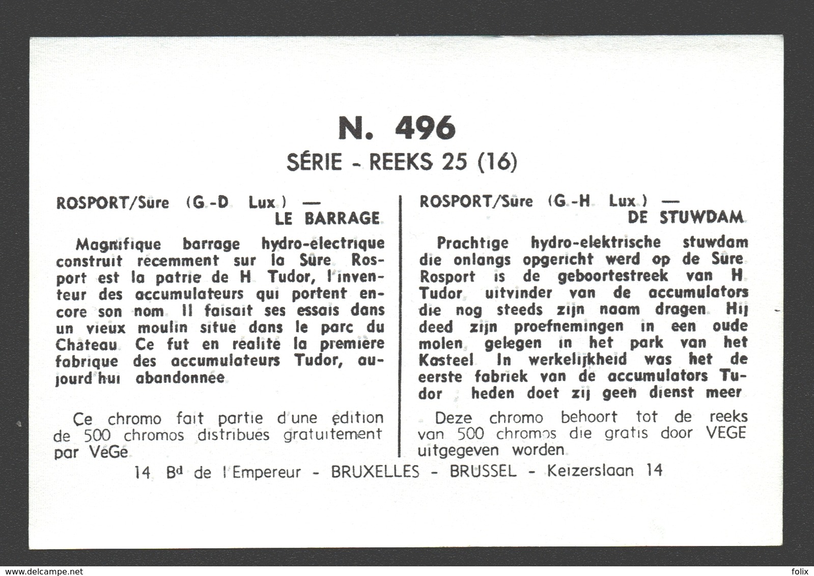 Rosport /Sûre - Le Barrage - Chromo Végé - Ca 10 X 7 Cm / Pas De Carte Postale - Andere & Zonder Classificatie