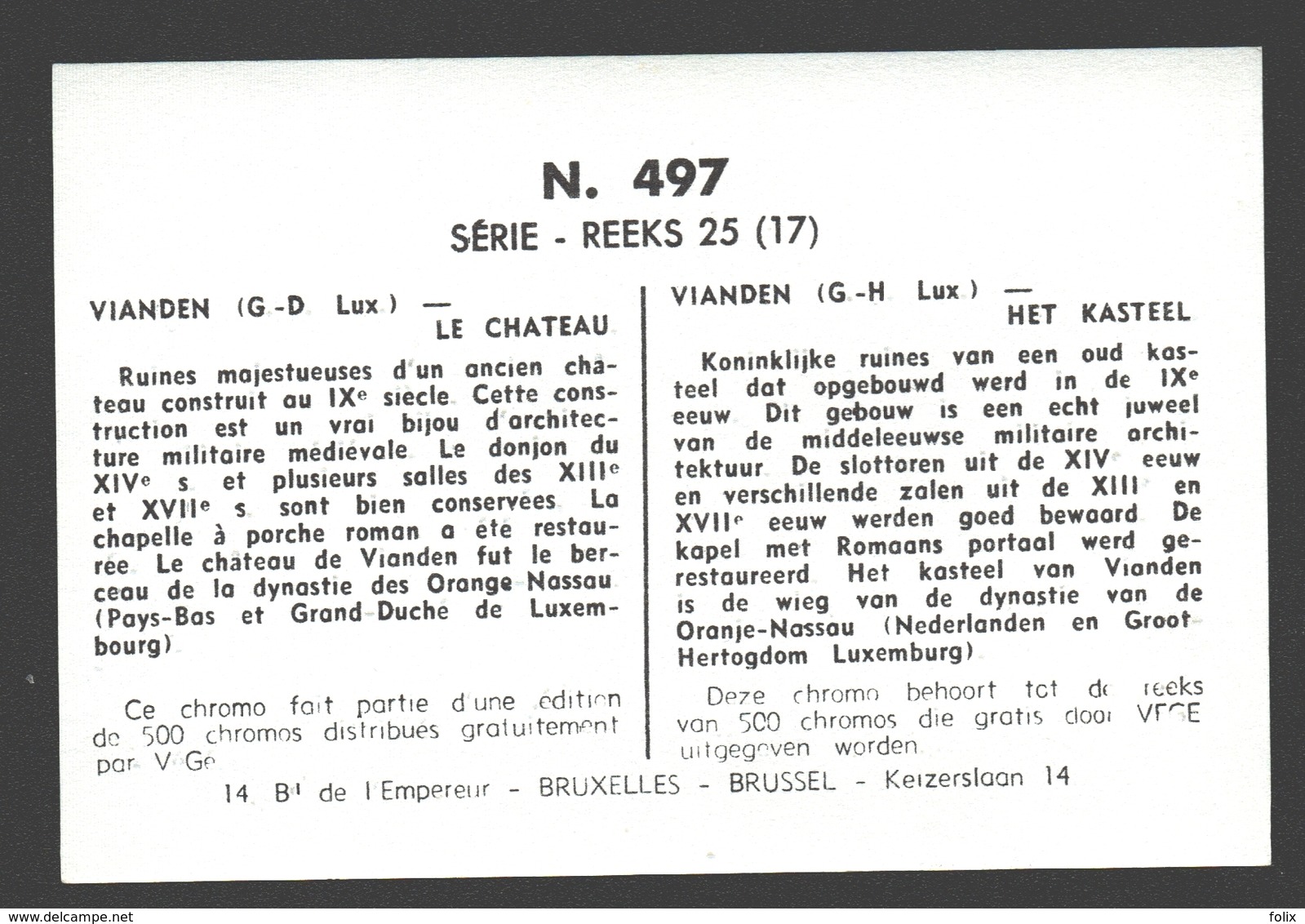 Vianden - Le Château - Chromo Végé - Ca 10 X 7 Cm / Pas De Carte Postale - Vianden