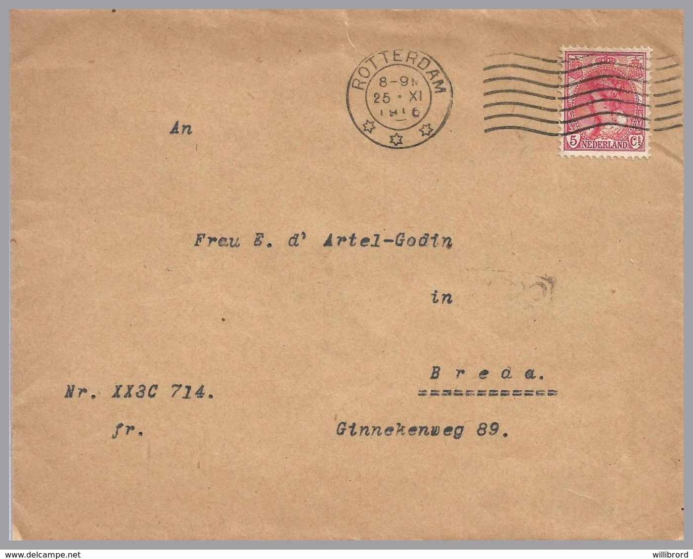 Netherlands - 1916 5c Domestic Cover - Reverse German Consulate Cachet - Lettres & Documents