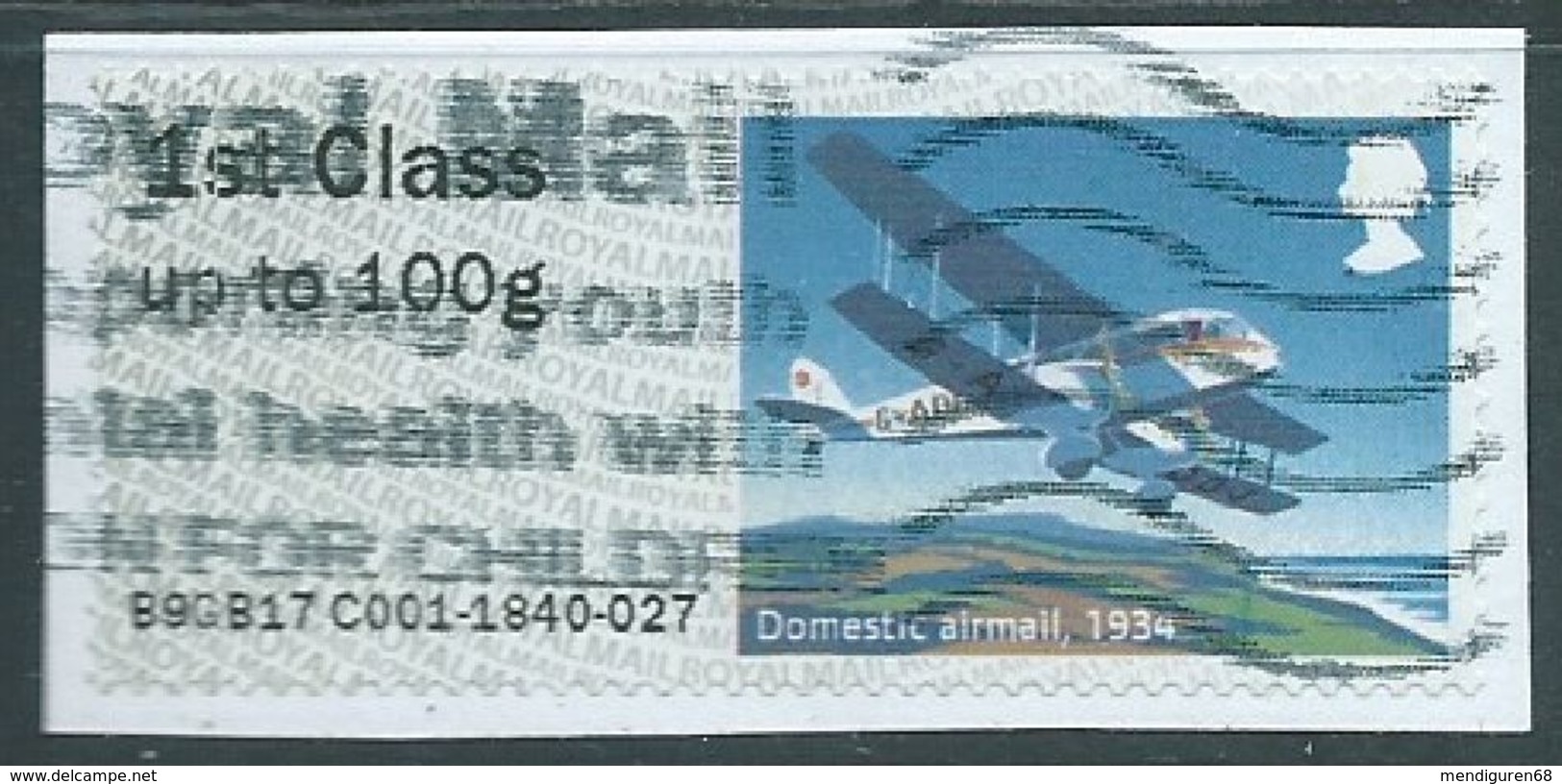 GROSBRITANNIEN GRANDE BRETAGNE GB POST&GO 2017 R.M.HERITAGE MAIL BY AIR: DOMESTIC AIRMAIL1934 FCup To 100g USED SG FS188 - Post & Go Stamps