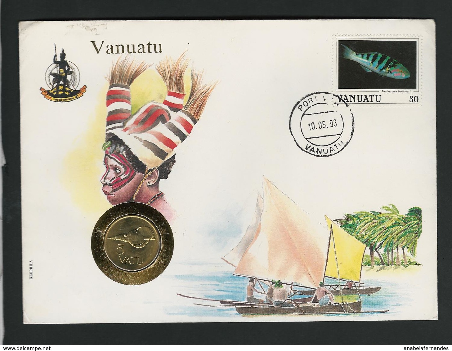 VANUATU - 5 VATU 1990 / /  STAMP - COVER - COIN  / / GEOPHILA 1993 - Vanuatu