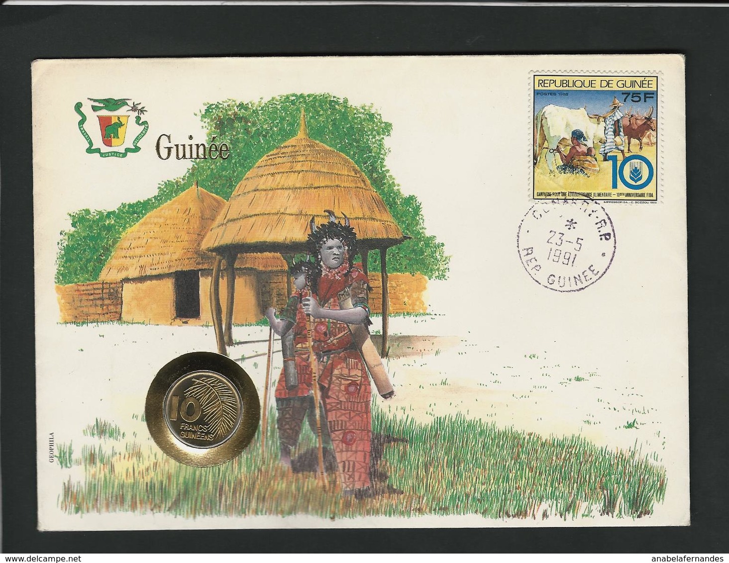 GUINÉE -  10 FRANCS 1985 / /  STAMP - COVER - COIN  / / GEOPHILA 1991 - Guinea