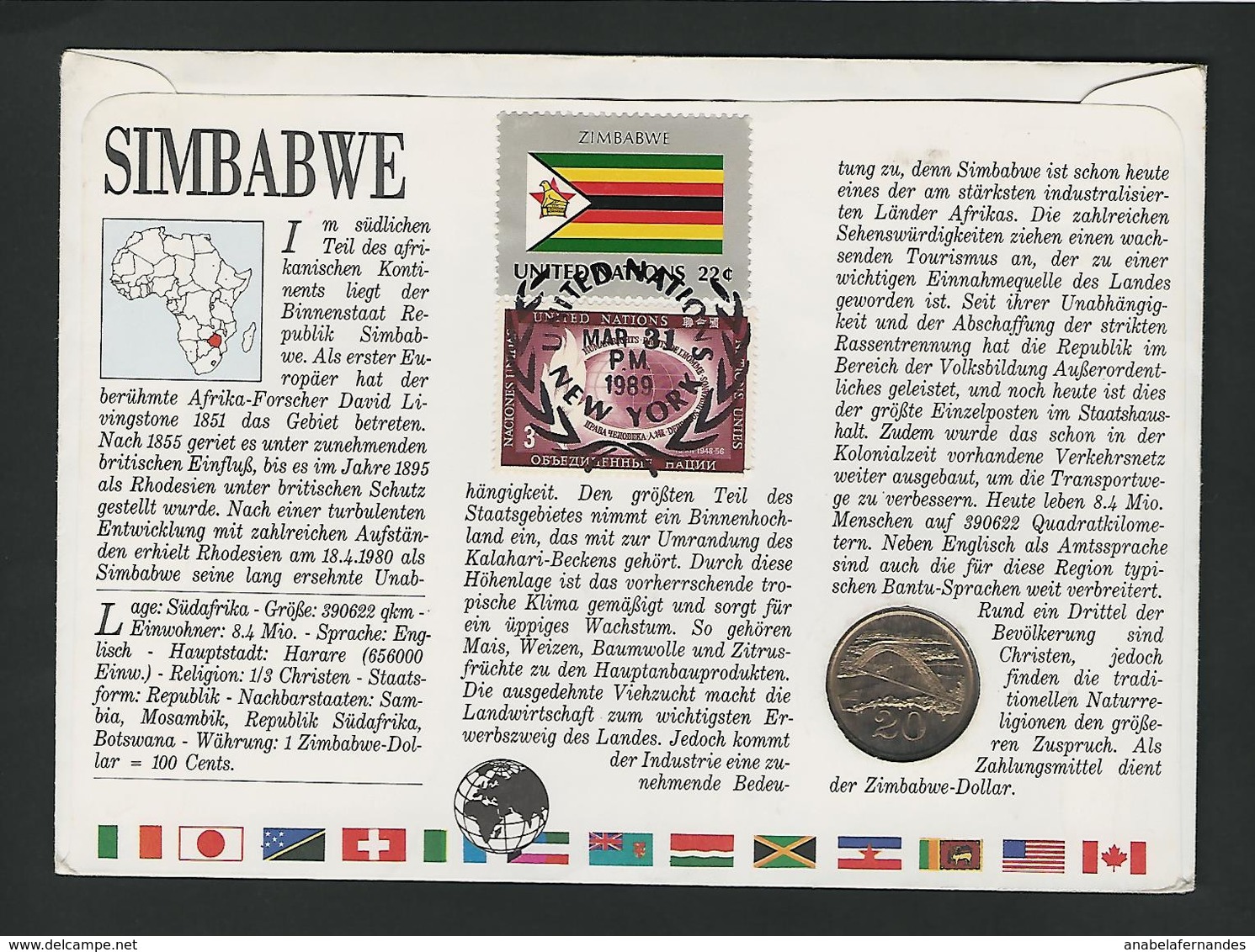 ZIMBABEW - 20CENTS 1987 / /  STAMP - COVER - COIN  / / GEOPHILA 1993 - Simbabwe