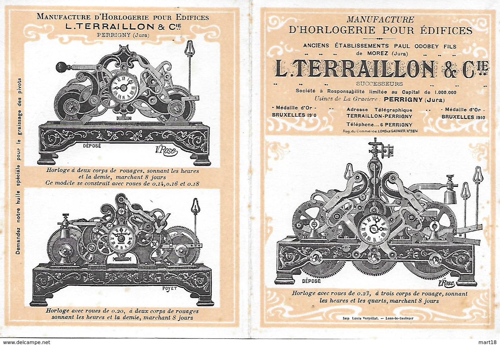 Pub Horlogerie Pour Edifices (monumentales) TERRAILLON à PERRIGNY (39) An. 1900 -  Pas Carte Postale - - Other & Unclassified