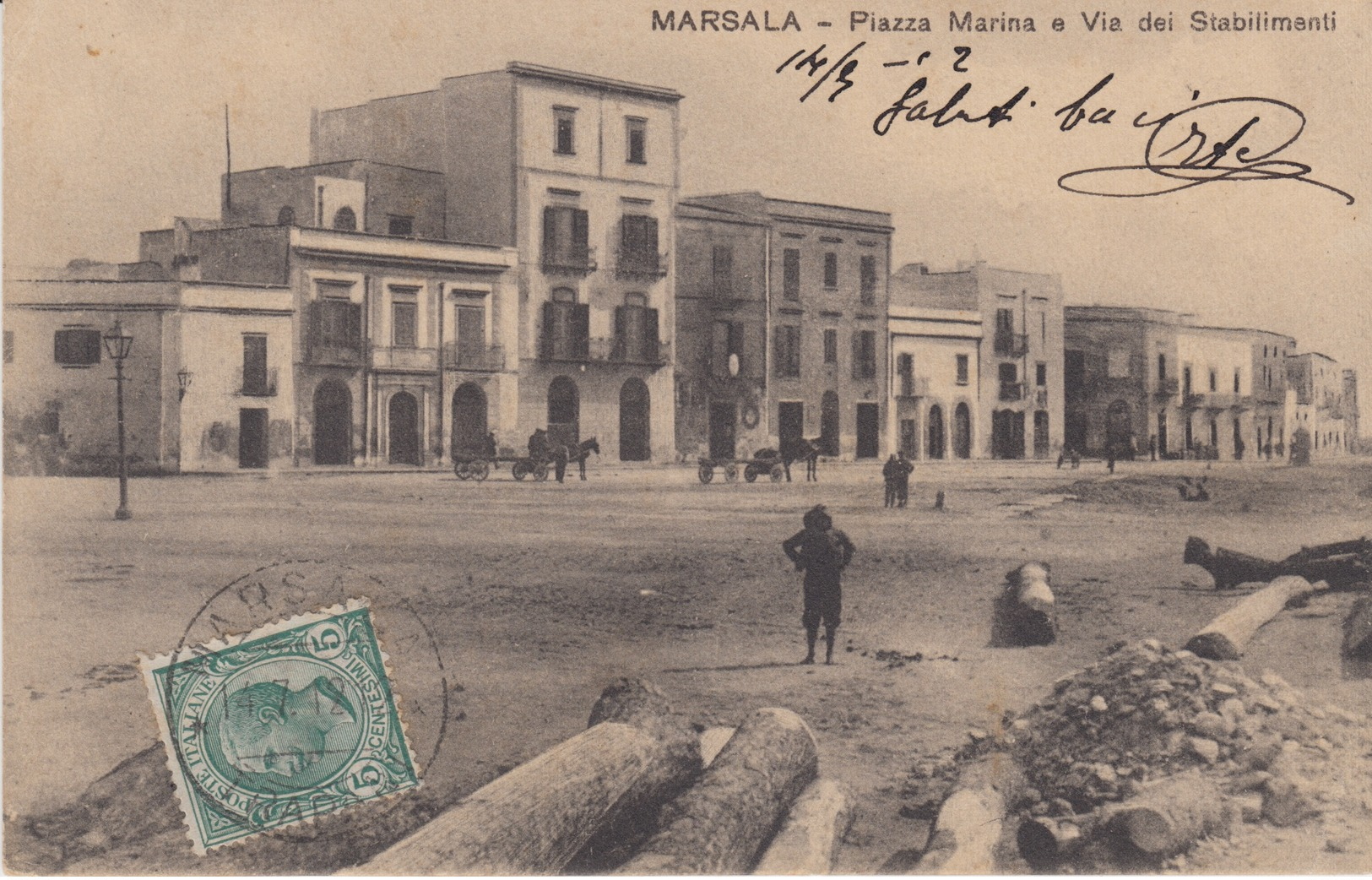 CARTOLINA  - MARSALA - PIAZZA MARINA E VIA DEI STABILIMENTI - (TRAPANI) - VIAGGIATA 1912 - Marsala