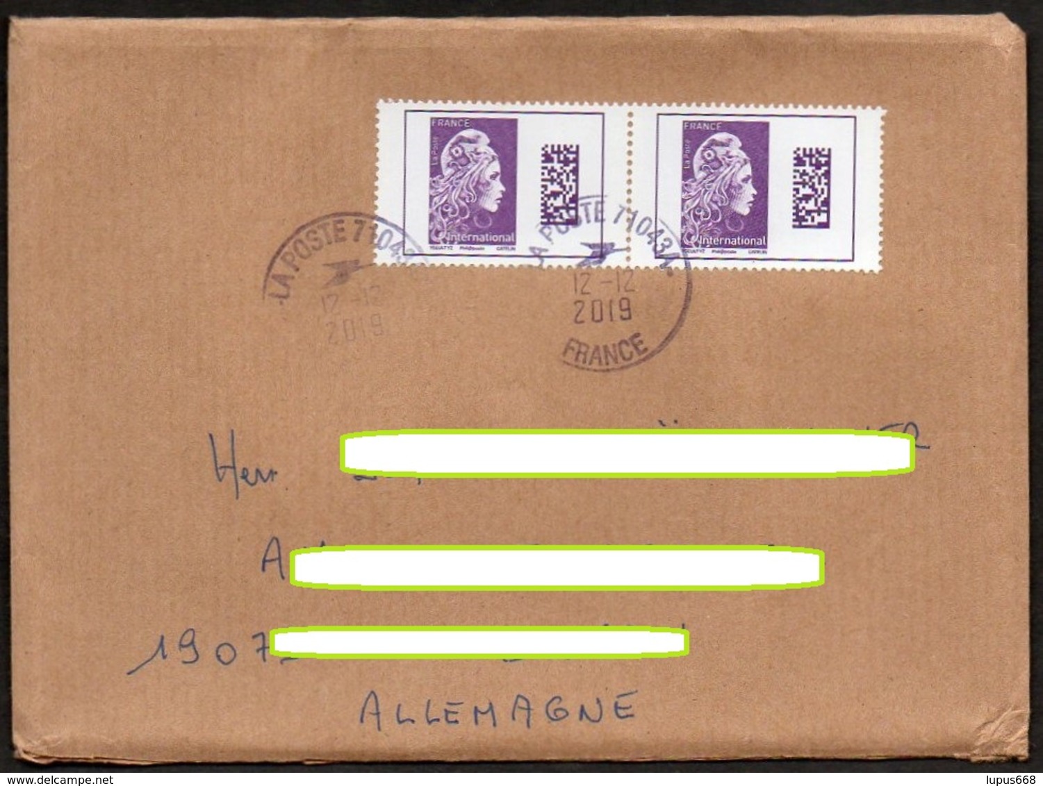 Frankreich 2019  Brief / Letter/ Lettre  100g  Europa ,  MiNr. 7224 (2) ; Marianne, DataMatrix- Code - Briefe U. Dokumente