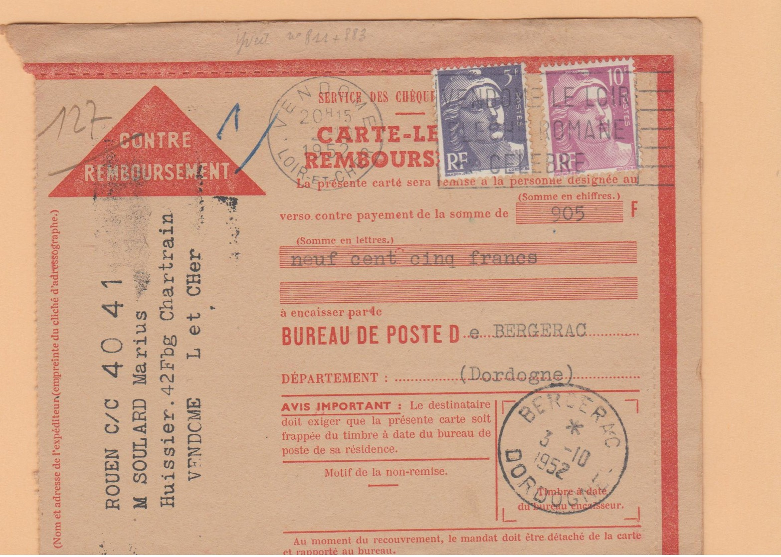 VENDOME: Carte Lettre CONTRE REMBOURSEMENT De 1952 Affranchie Au Tarif Pour  Bergerac - 1921-1960: Modern Period