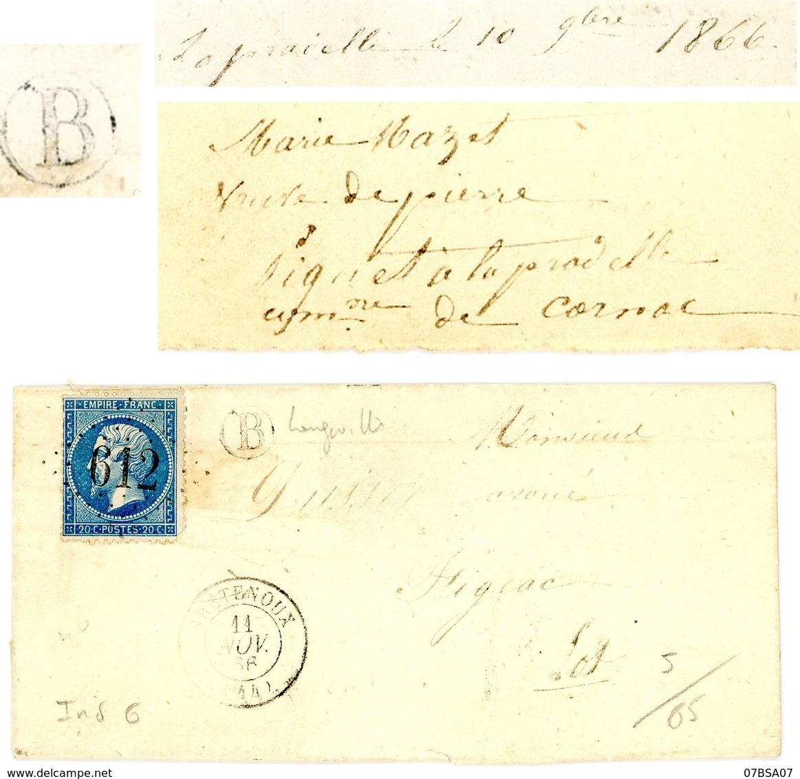 LOT LAC 1866 BRETENOUX GC T15 + BOITE RURALE B = LA PRAIELLE COMMUNE DE CORNAC - 1849-1876: Période Classique