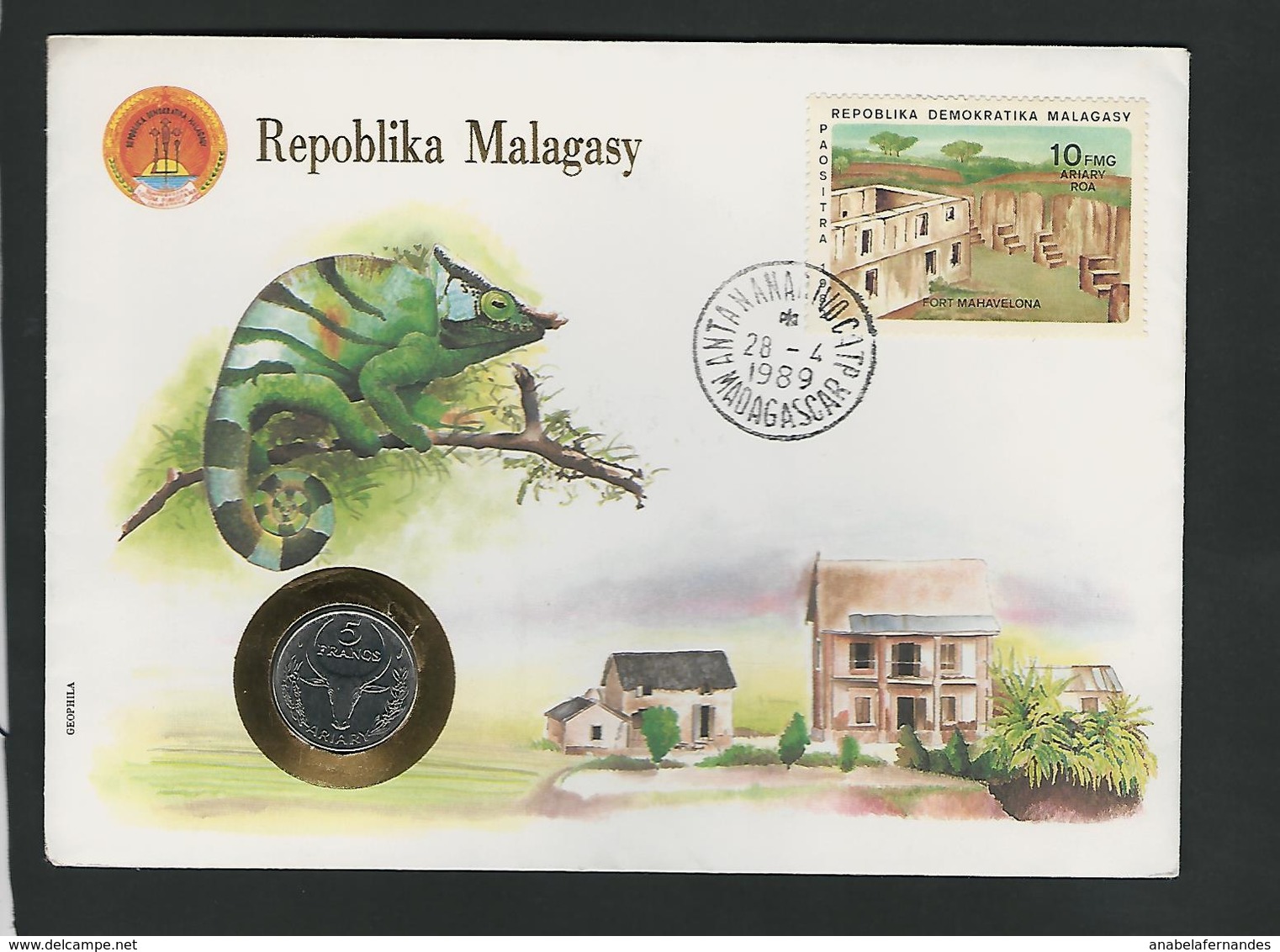 REPOBLIKA MALAGASY - 5FRANCS 1988 / /  STAMP - COVER - COIN  / / GEOPHILA 1989 - Madagascar