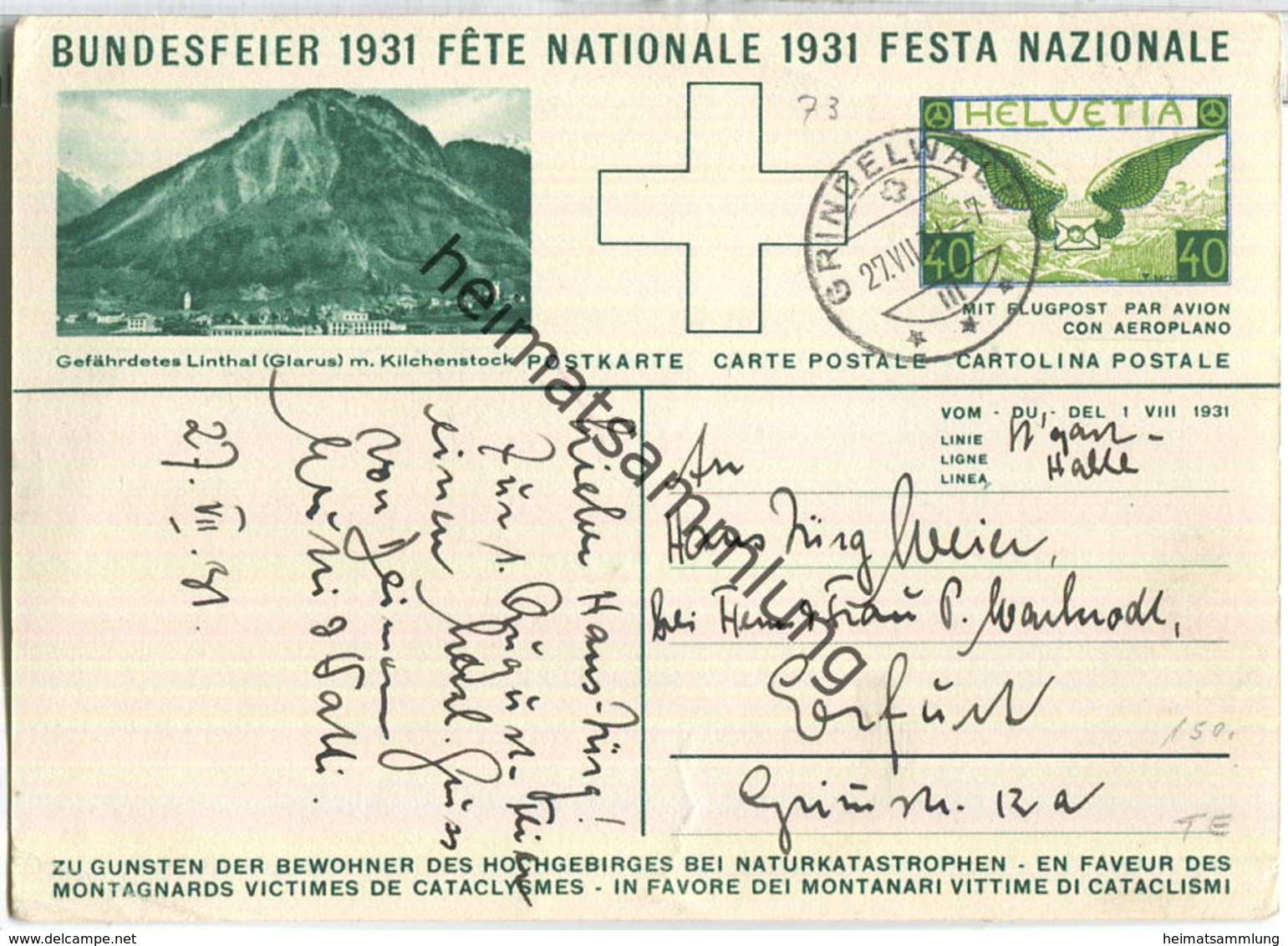 Bundesfeier-Postkarte 1931 - 40 Cts Gefährdetes Linthal - Carl Liner Senne Mit Zwei Ziegen - Enteros Postales