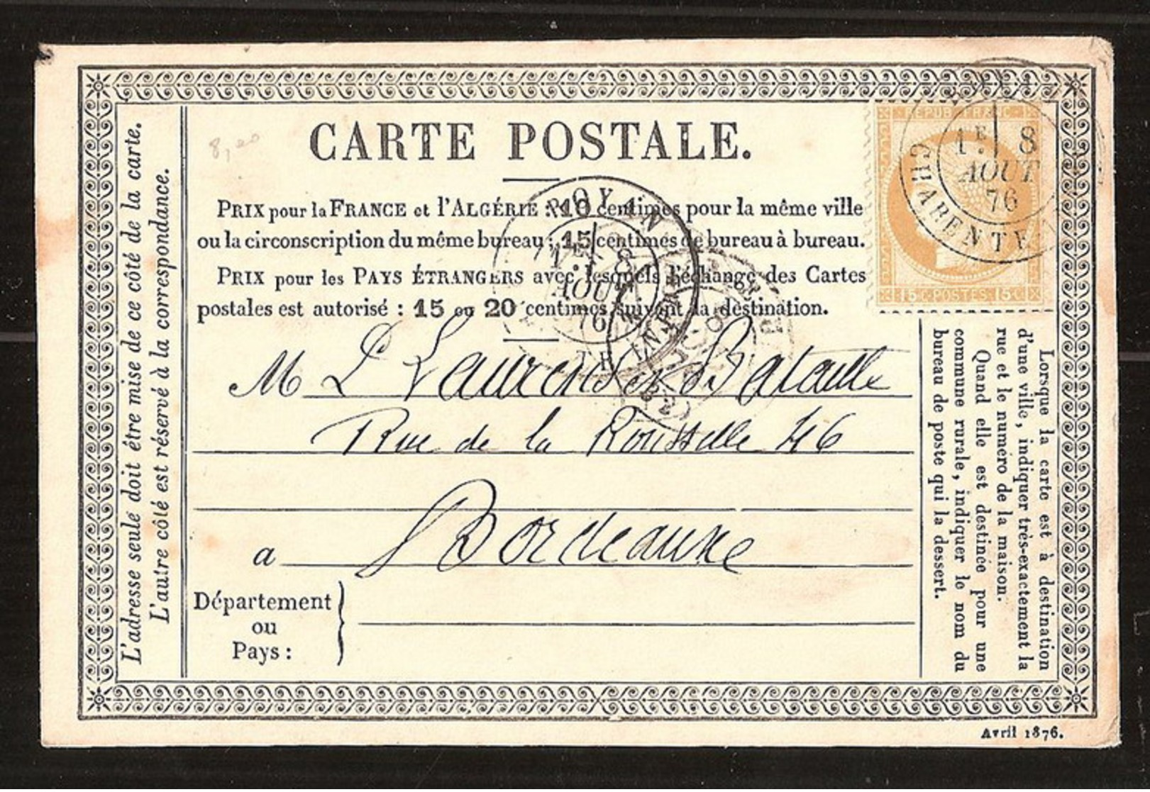 France YT 55 Précurseur CP Série Avril 1876 Posté à Royan Charente Pour Bordeaux  Cachets Type 18 Et 17 - 1871-1875 Cérès