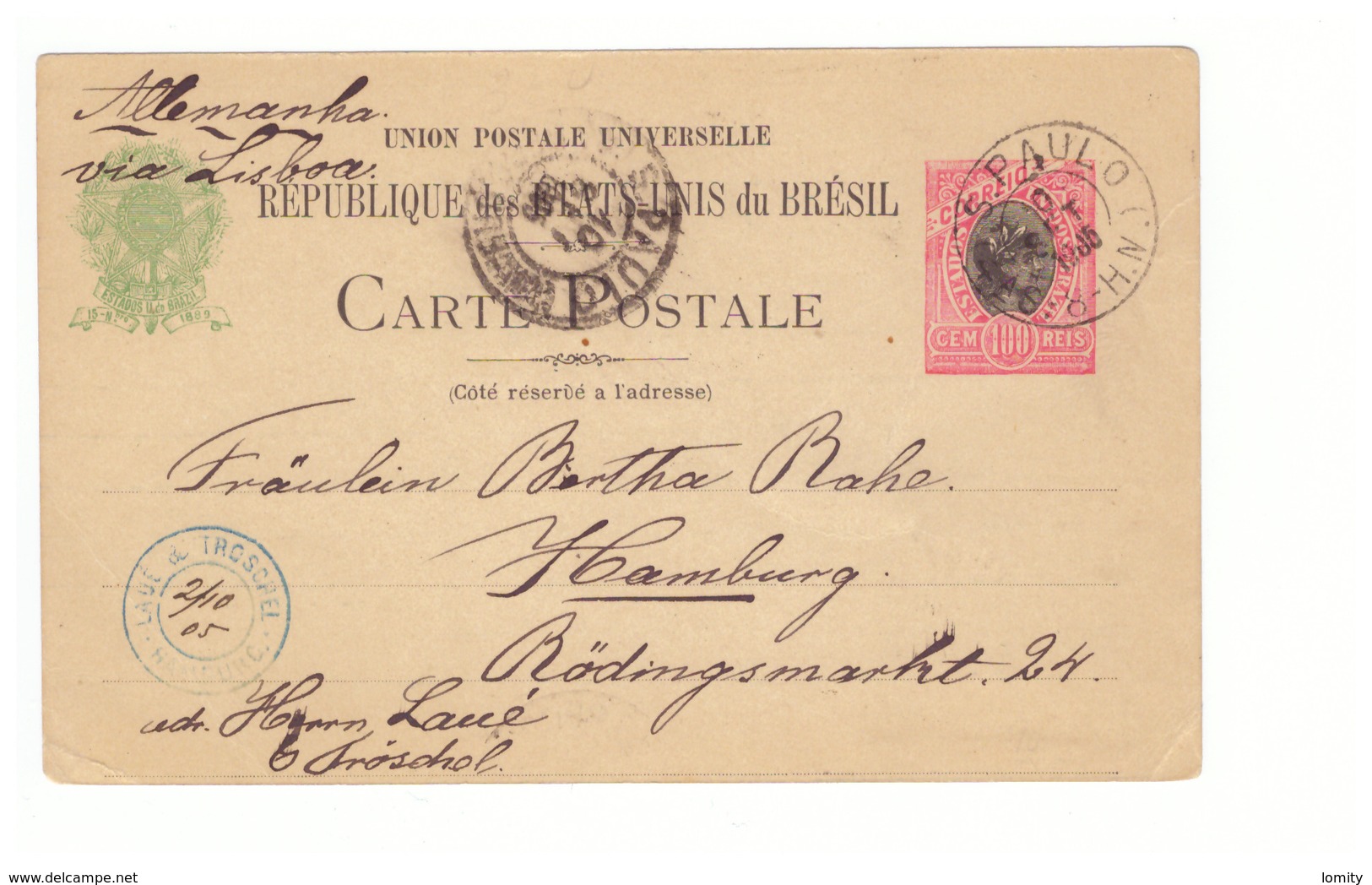 Entier Postal Bresil 1905 Cachet Sao Paulo Pour Hamburg Cachet Bleu Laue & Troschel - Postwaardestukken