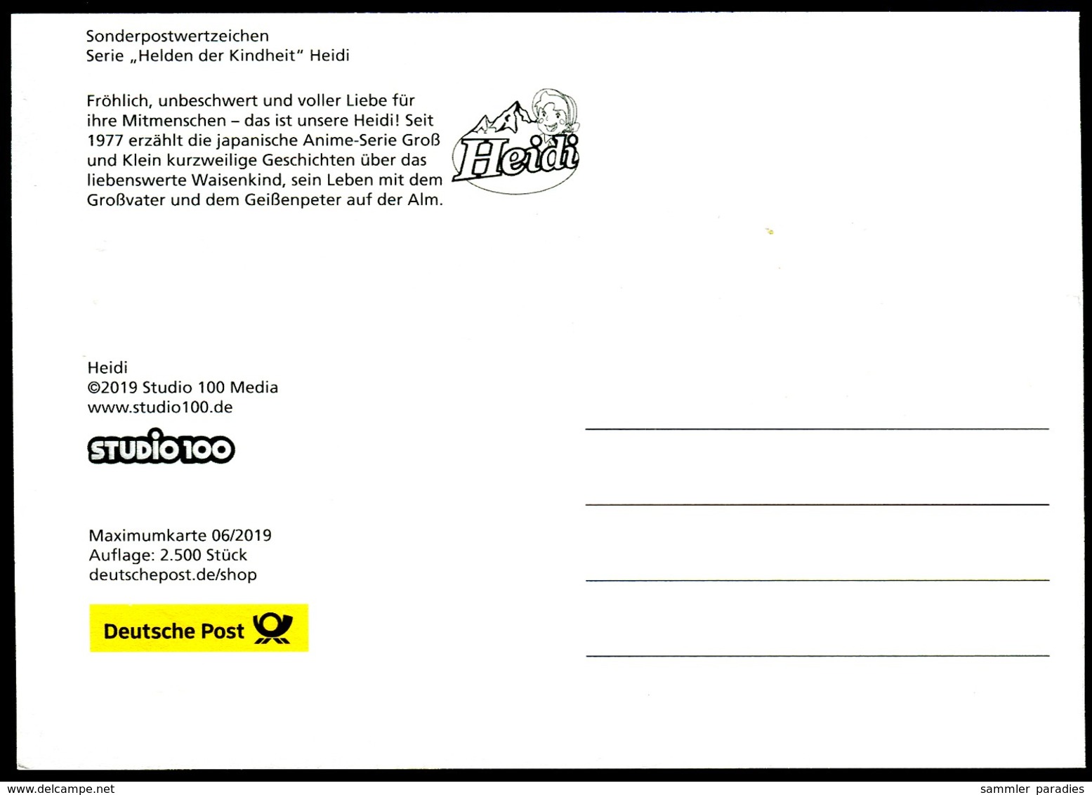 98861) BRD - MK 06/2019 = Mi 3506 - 99867 Gotha Vom 05.12.2019 - Aufl:2.500 - 60C    Heidi - Altri & Non Classificati