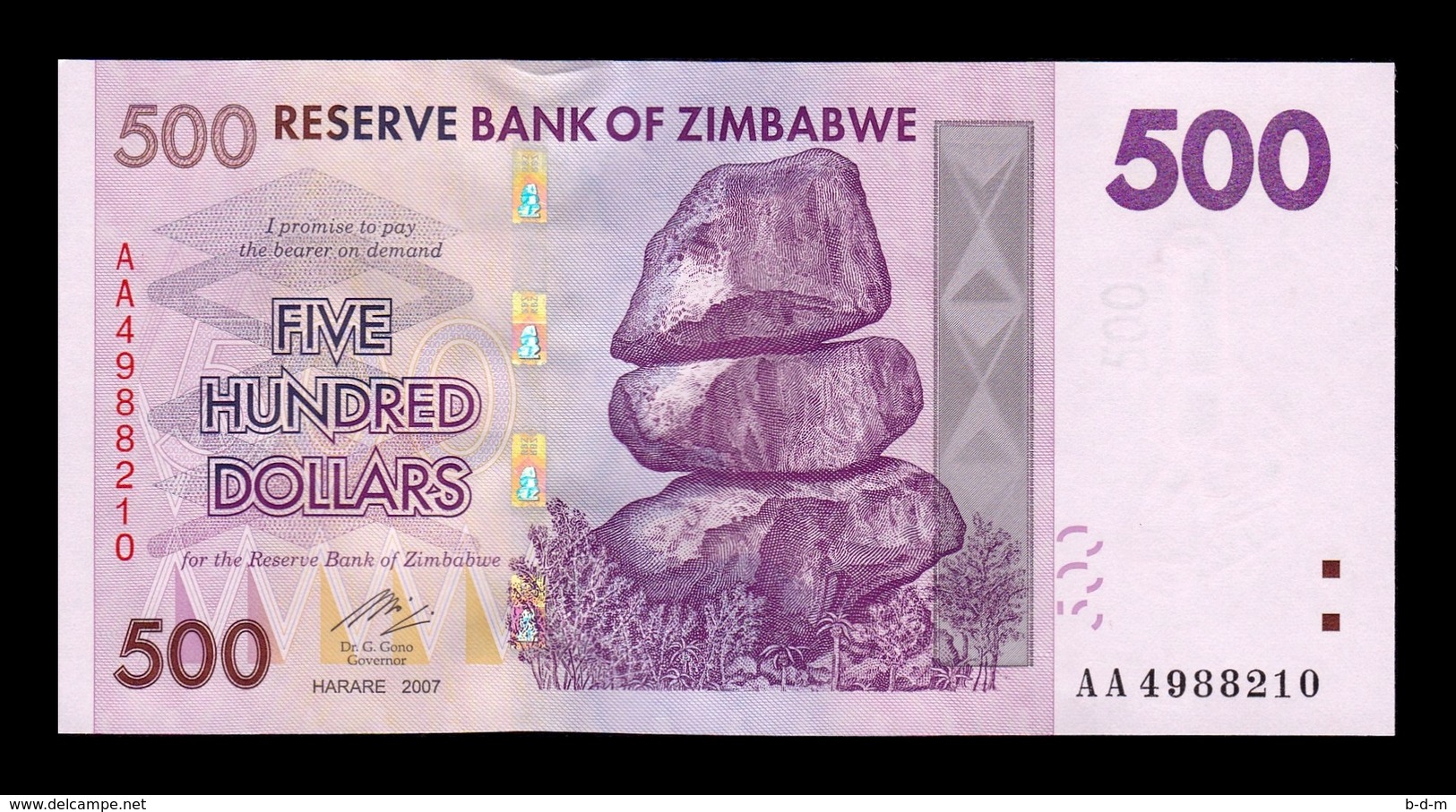 Zimbabwe 500 Dollars 2007 Pick 70 AA SC UNC - Simbabwe