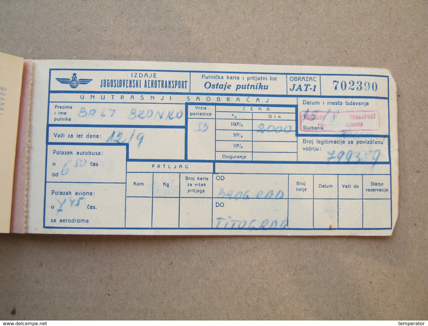 JAT YUGOSLAV AIRLINES - OLD Passenger Ticket And Baggage Check ( Beograd - Titograd ) - Tickets