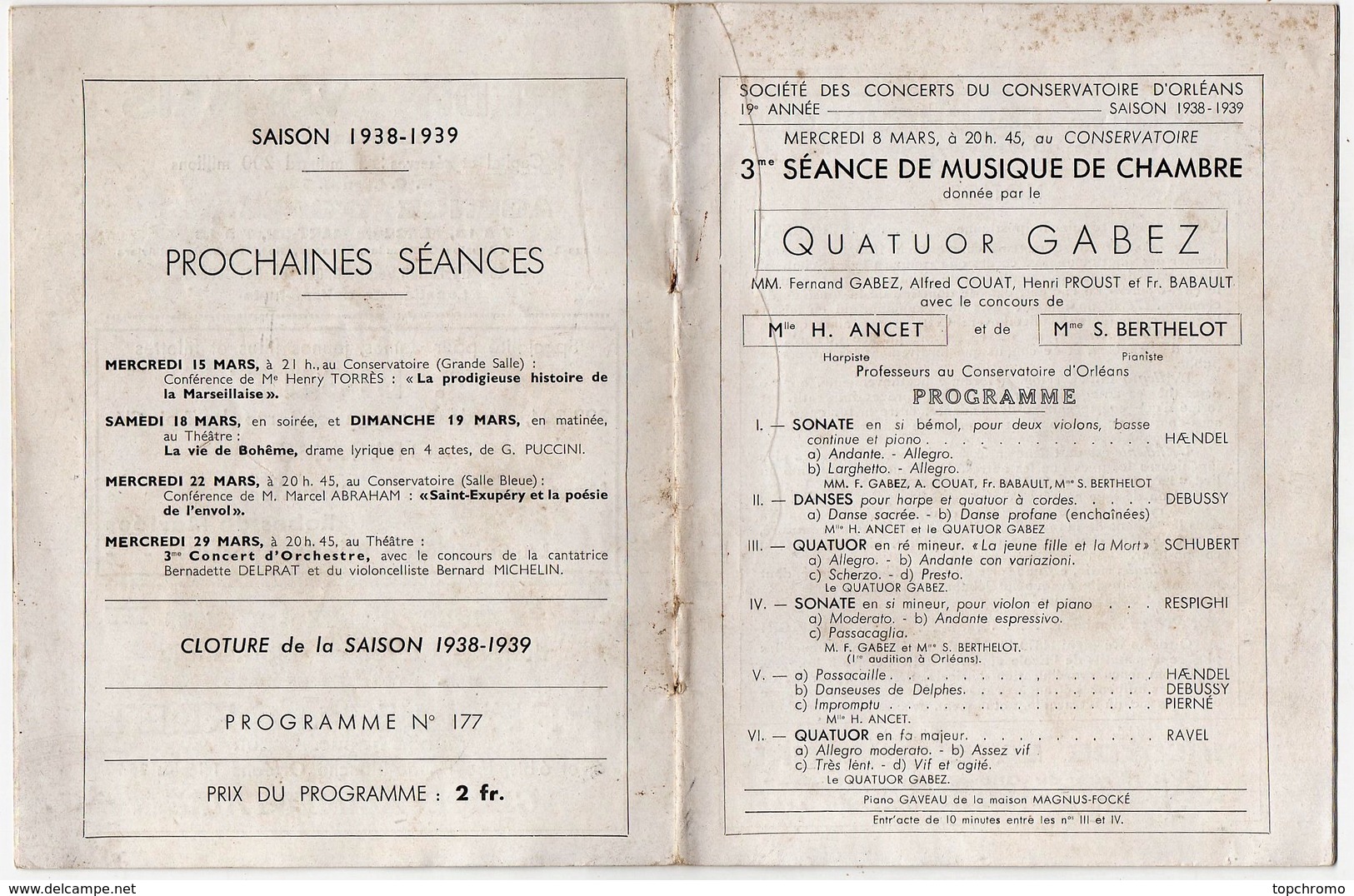 Programme Concerts Du Conservatoire Ville D'Orléans F.A.O. Saison 1938-1939 Photos Fernand Gabez Maurice Ravel - 1901-1940