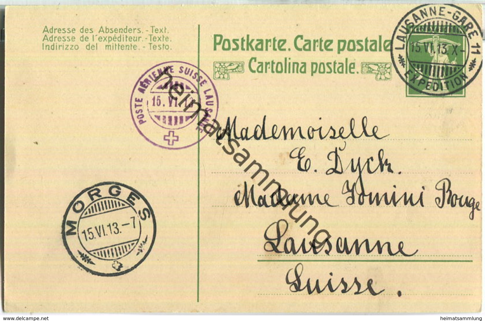 Aviation Militaire Suisse - Poste Aerienne - Lausanne-Morges Am 15.VI.1913 - Stamped Stationery