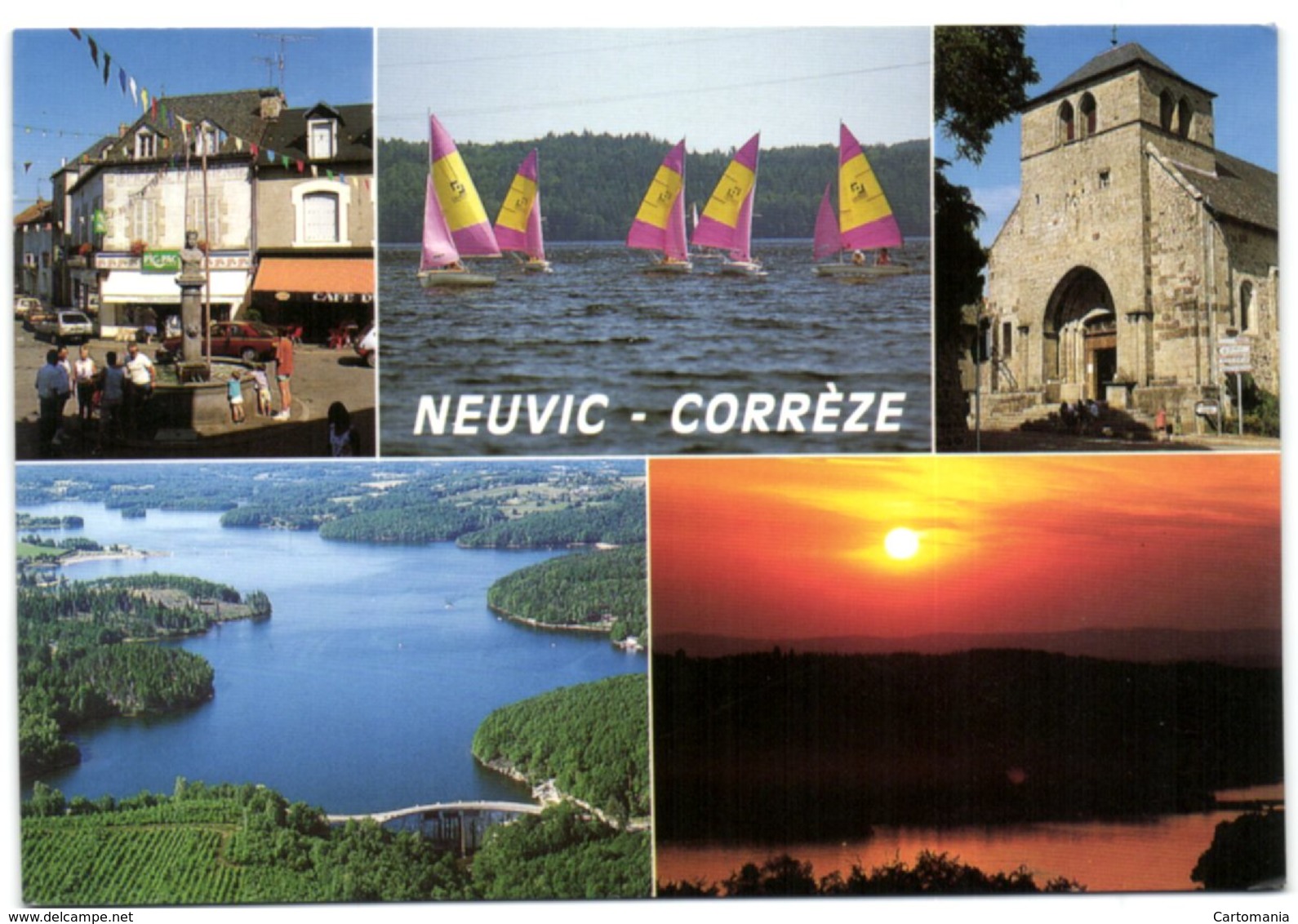 Neuvic - Corrèze - La Place - L'eglise - La Plage Sur Le Lac Du Barrage De Neuvic D'ussel - Autres & Non Classés