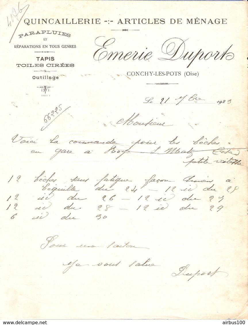 LETTRE 1929 EMERIE DUPORT CONCHY Les POTS OISE - PARAPLUIE  TOILE CIRÉE OUTILLAGE - QUINCAILLERIE - Droguerie & Parfumerie