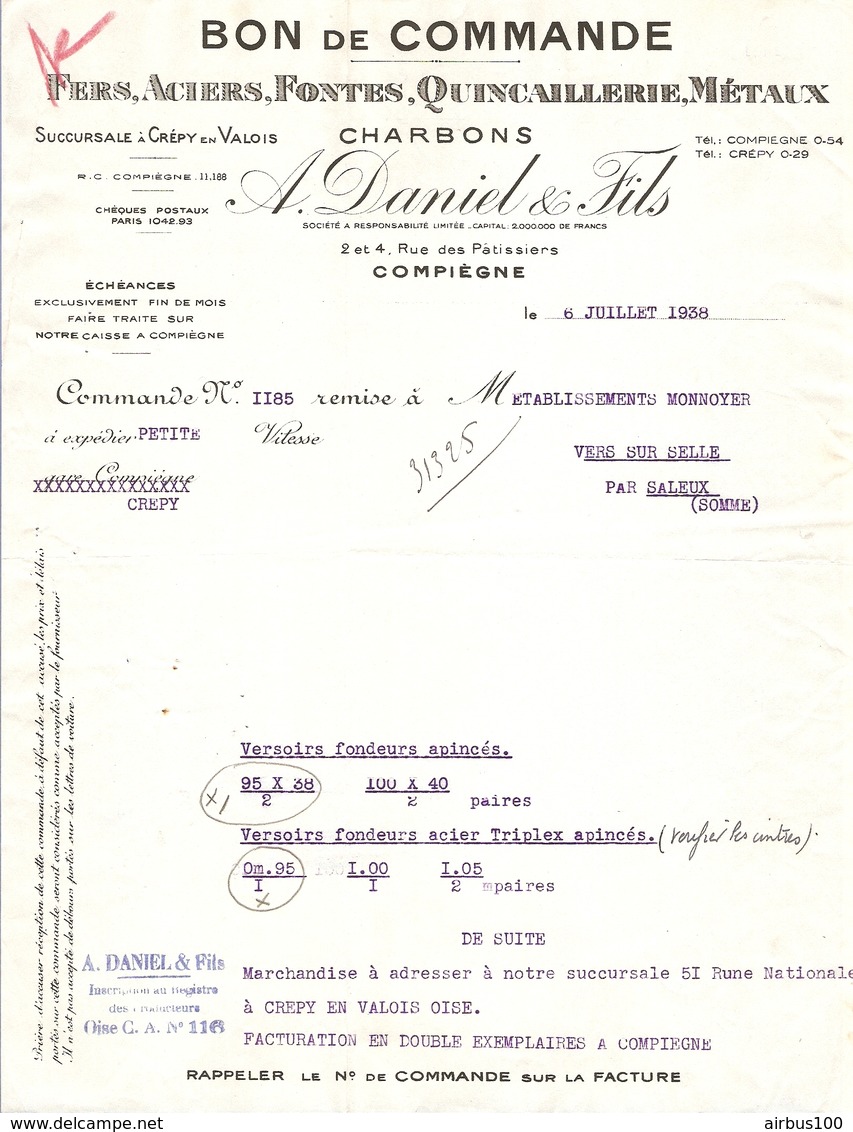 LETTRE 1938 A. DANIEL COMPIEGNE SUCCURSALE CRÉPY En VALOIS OISE - CHARBON FERS ACIERS FONTES MÉTAUX - Droguerie & Parfumerie