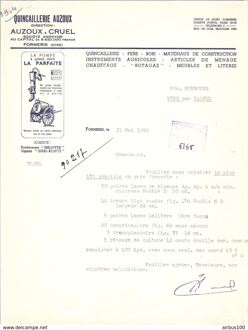 LETTRE 1955 AUZOUX & CRUEL FORMERIE OISE - LA POMPE " LA PARFAITE " - ÉCREMEUSE " MELOTTE " TRAYEUSE " SURGE MELOTTE " - Agricoltura