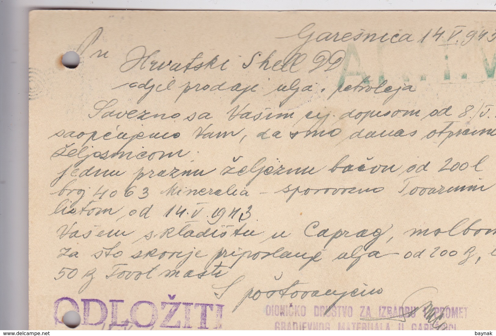 CROATIA   --  NDH  --  DOPISNICA  --  GARESNICA Nach HRVATSKI SHELL D. D.  ZAGREB  --  1943 - Kroatien