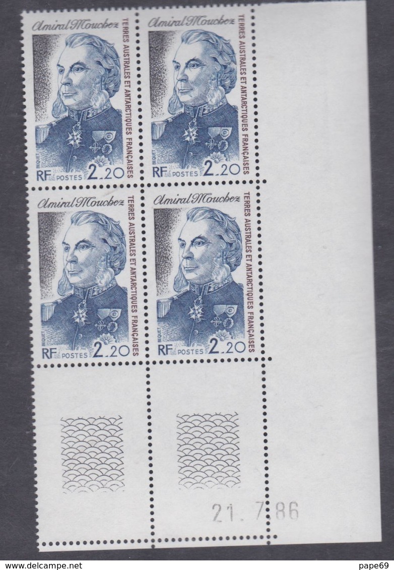 TAAF N° 128 XX Hommage à L'amiral Mouchez En Bloc De 4 Coin Daté Du 21.7.86. à 60 % De La Faciale, Sans Charnière, TB - Unused Stamps