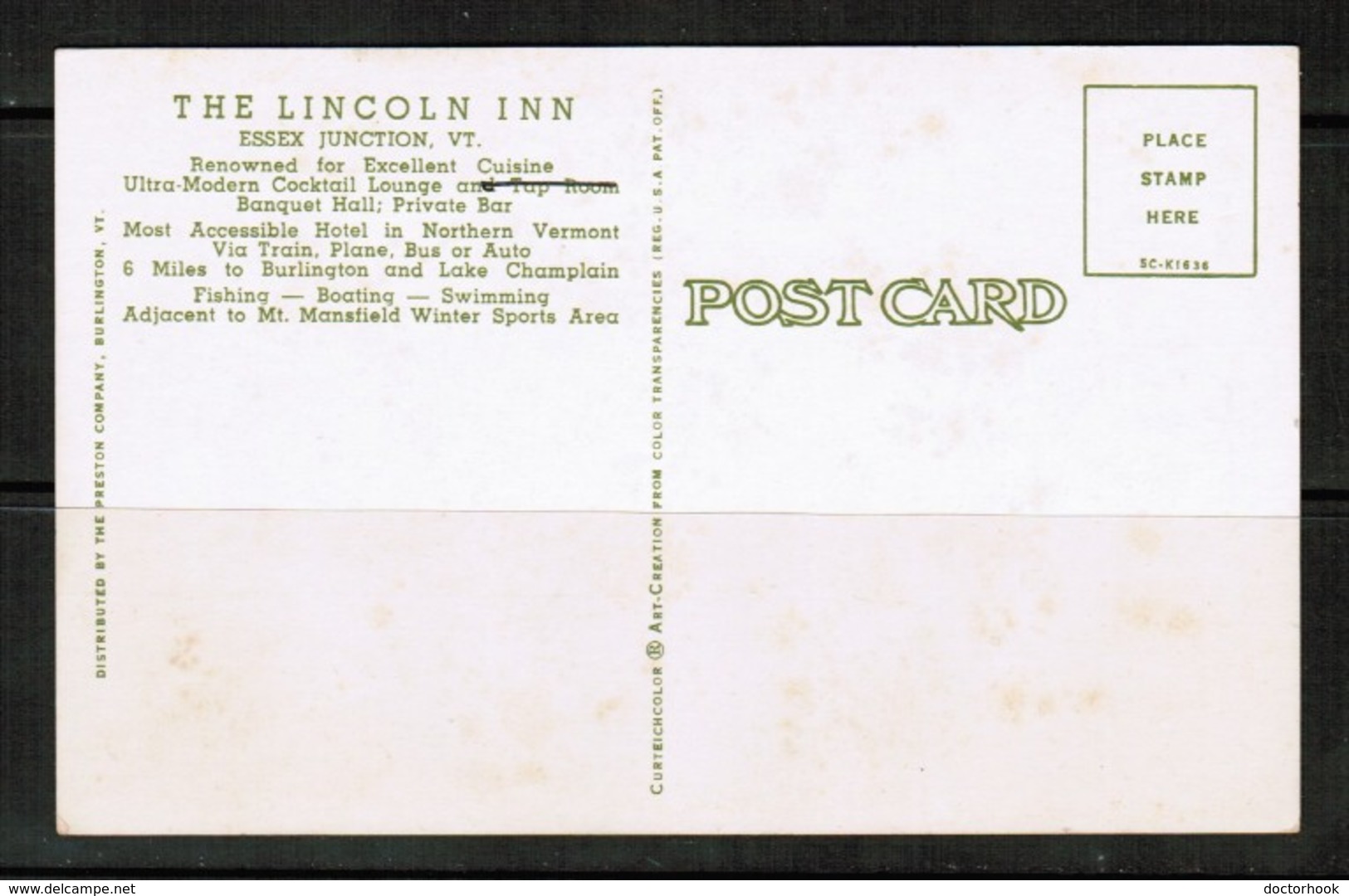 U.S.A.  "PRESTON COMPANY" VINTAGE POSTCARD LINCOLN INN In ESSEX JUNCTION VERMONT (PC-16) - Essex Junction