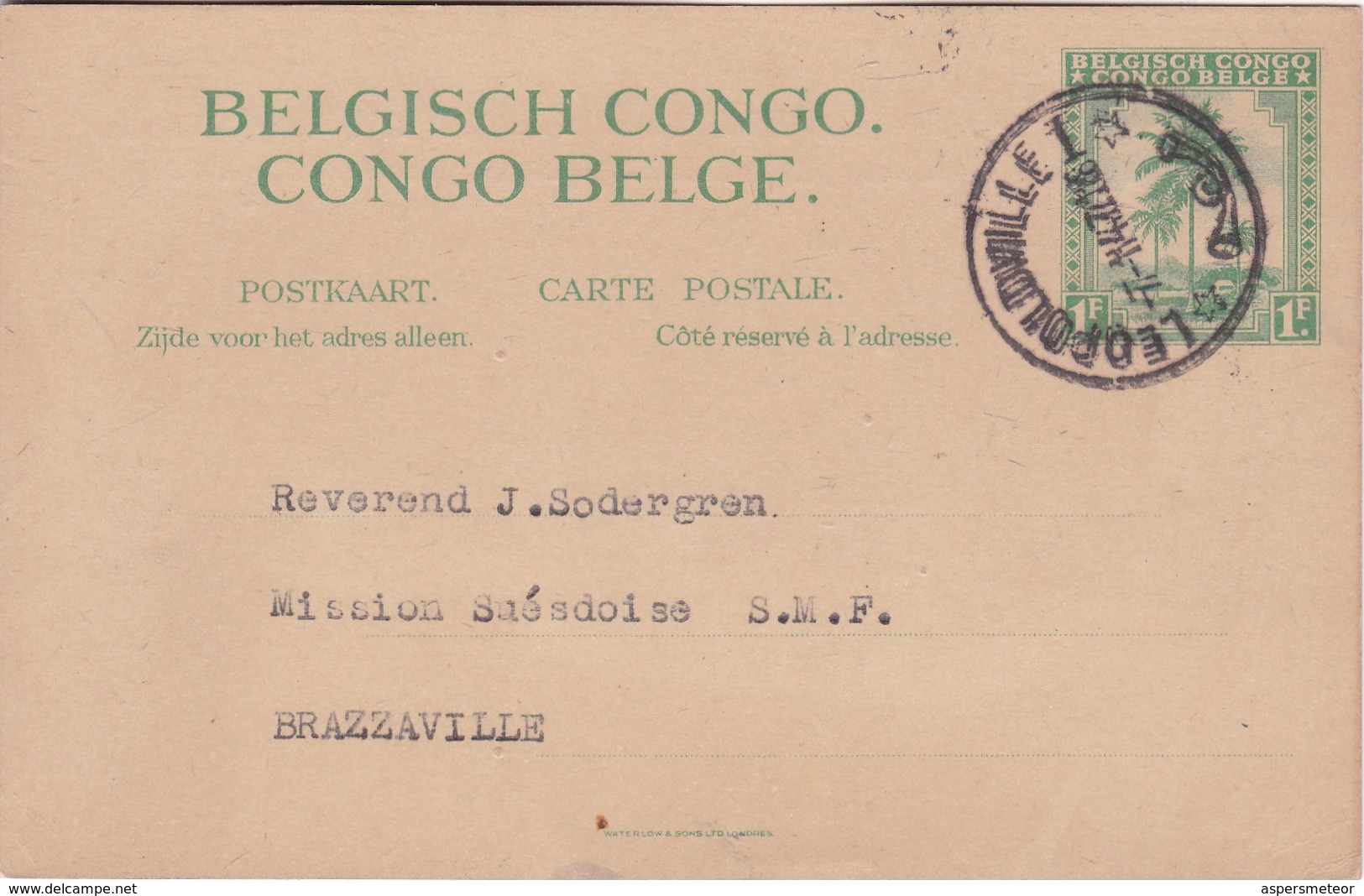 1F. ENTIER DE CONGO BELGE. CIRCULEE DE LEOPOLDVILLE A BRAZZAVILLE, 1947. BELGISCH CONGO, ENTERO ENTIRE -LILHU - Entiers Postaux