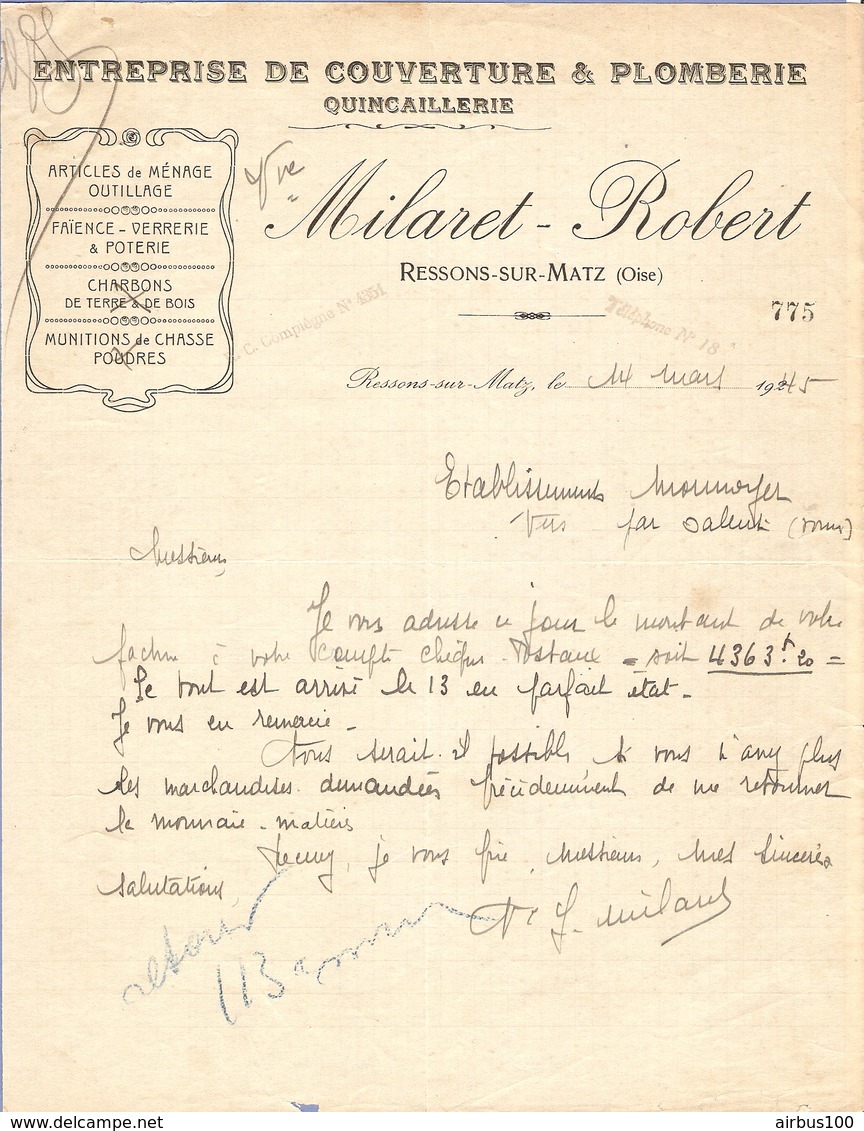 LETTRE 1945 MILARET ROBERT RESSONS Sur MATZ OISE - MUNITIONS De CHASSE POUDRE FAIENCE POTERIE VERRERIE - Droguerie & Parfumerie