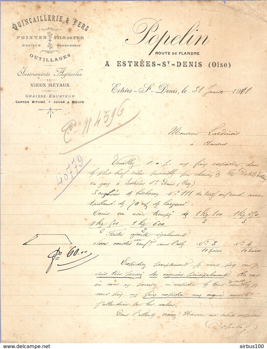 LETTRE 1911 POPELIN ESTRÉES SAINT DENIS OISE - INSTRUMENTS AGRICOLES ESSIEUX VIEUX MÉTAUX JOUG à BOEUF GRAISSE ÉQUATEUR - Droguerie & Parfumerie