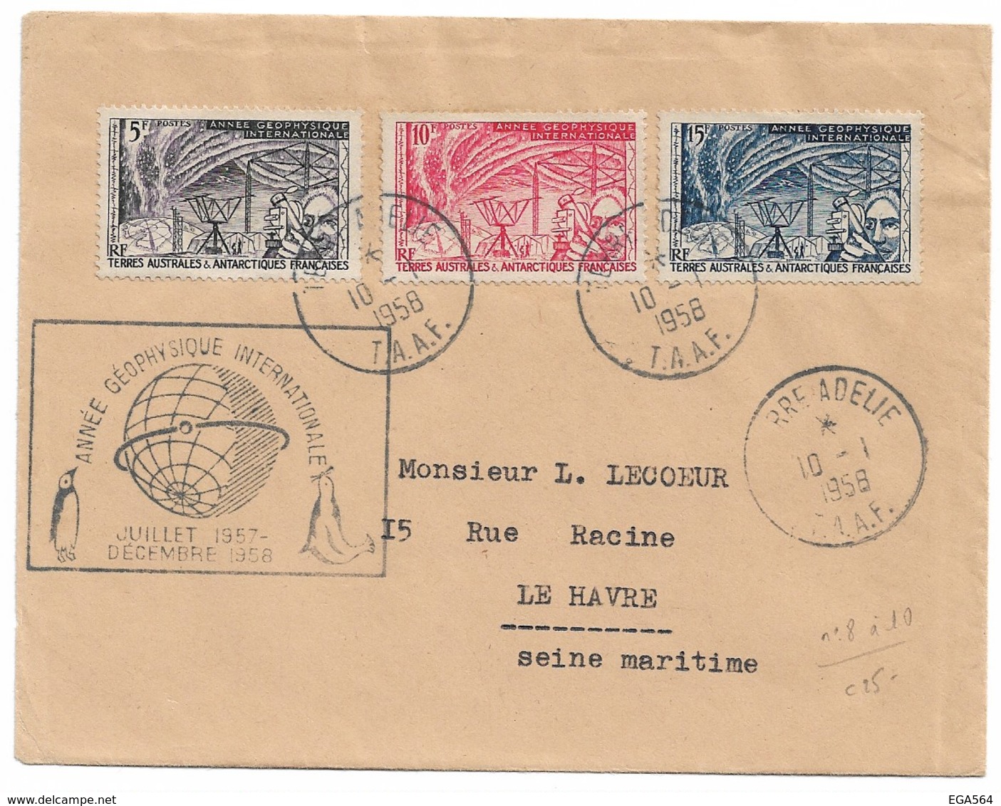 CN - TAAF PO 8/10 Du 10.1.1958 Terre Adélie Sur Pli ANNEE GEOPHYSIQUE INTERNATIONALE.  Très Beau. - Covers & Documents