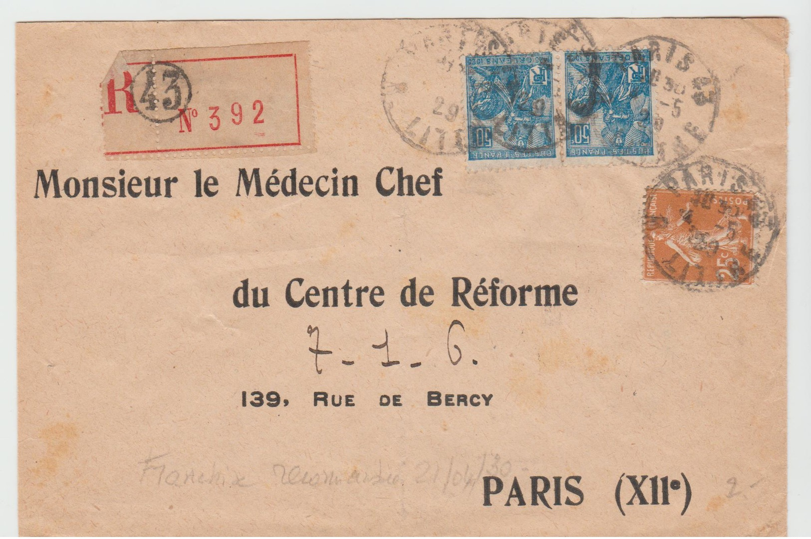 PARIS 23:  Lettre En FRANCHISE RECOMMANDEE De 1929 Affranchie Au Tarif Pour Paris - 1921-1960: Modern Period