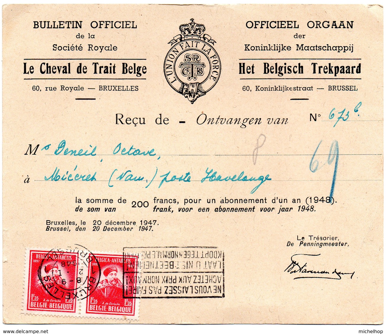 N° 749 (Expédition Antarctique - De Gerlache) En Paire Sur Reçu Cheval De Trait Belge - Storia Postale