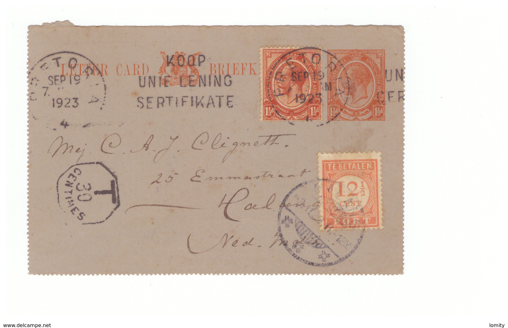 Carte Lettre Entier Postal Union South Africa Cachet Pretoria 1923 Taxe Taxée Pour Ned Indie Indes Neerlandaises - Lettres & Documents