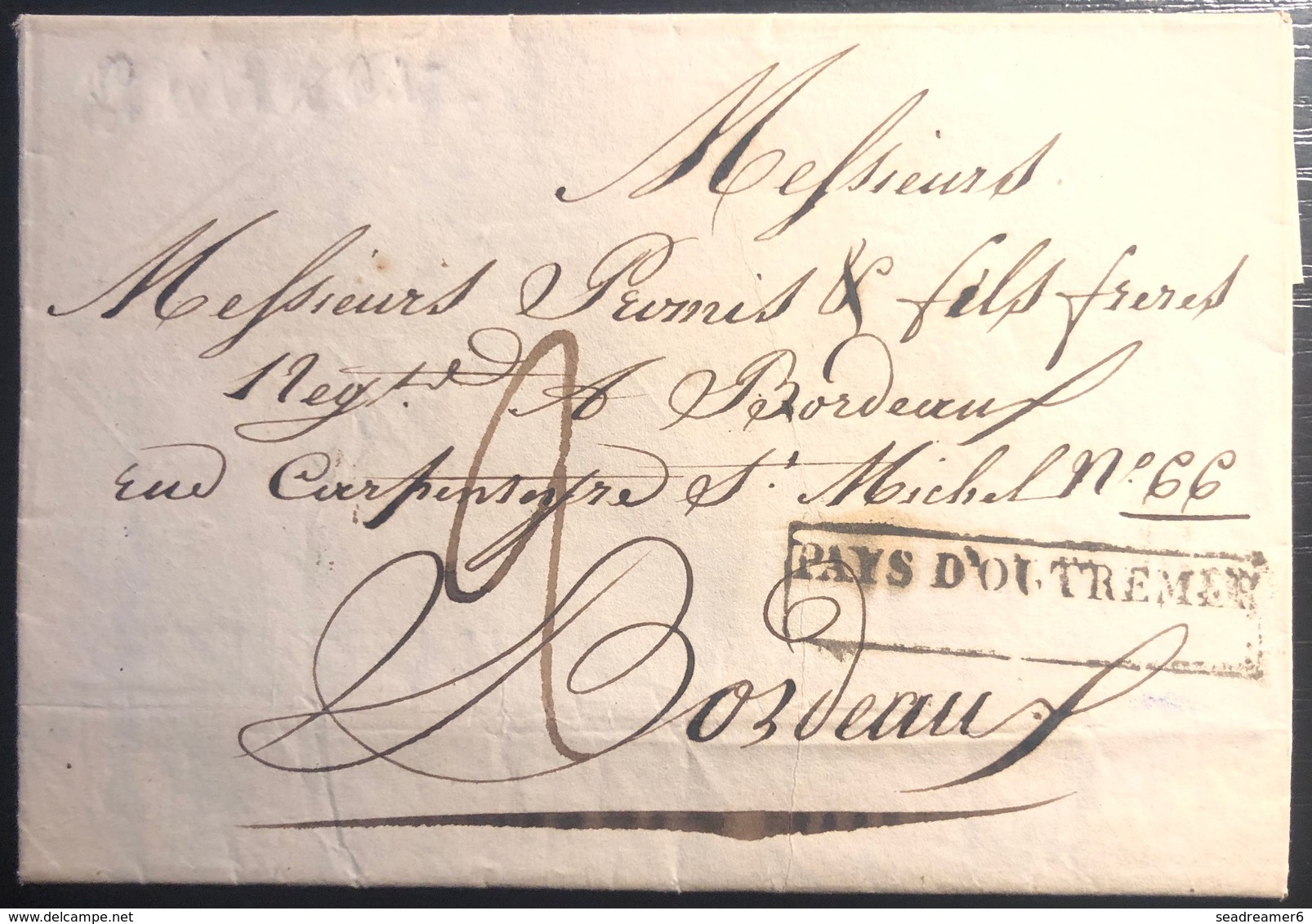 Guadeloupe Lettre Pointe A Pitre  Pour Bordeaux 1833 Taxe Et Griffe échoppée D'entrée "Pays D'outremer" Superbe - Storia Postale