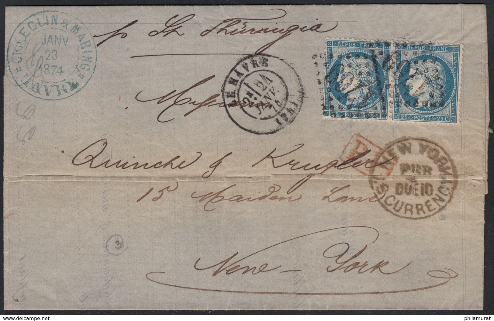 N°60B Paire, Cérès 25c Bleu Type II, Lettre Destination New-York USA - TB - 1871-1875 Ceres